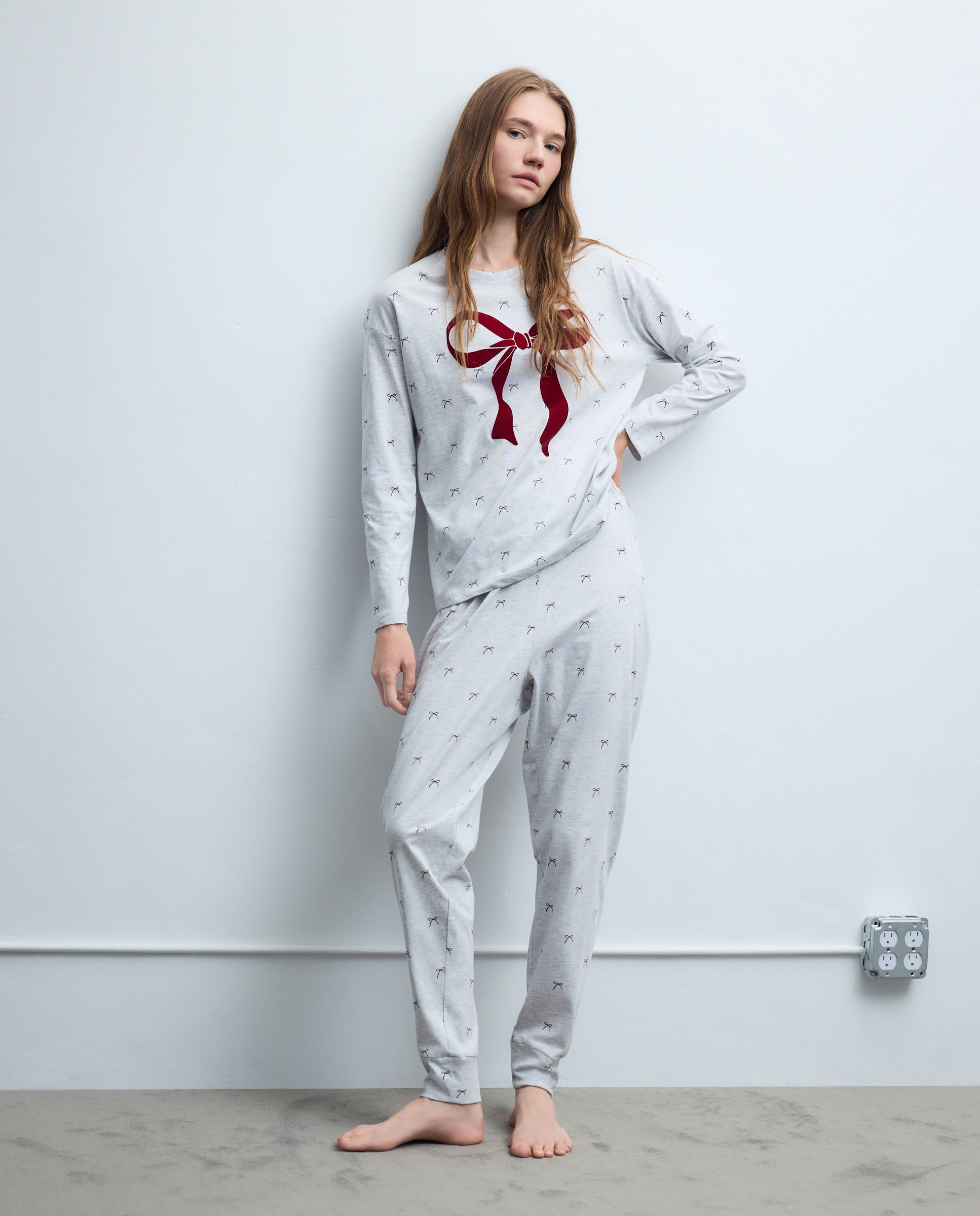 Pijama Completo com Laço Cinzento-claro-1