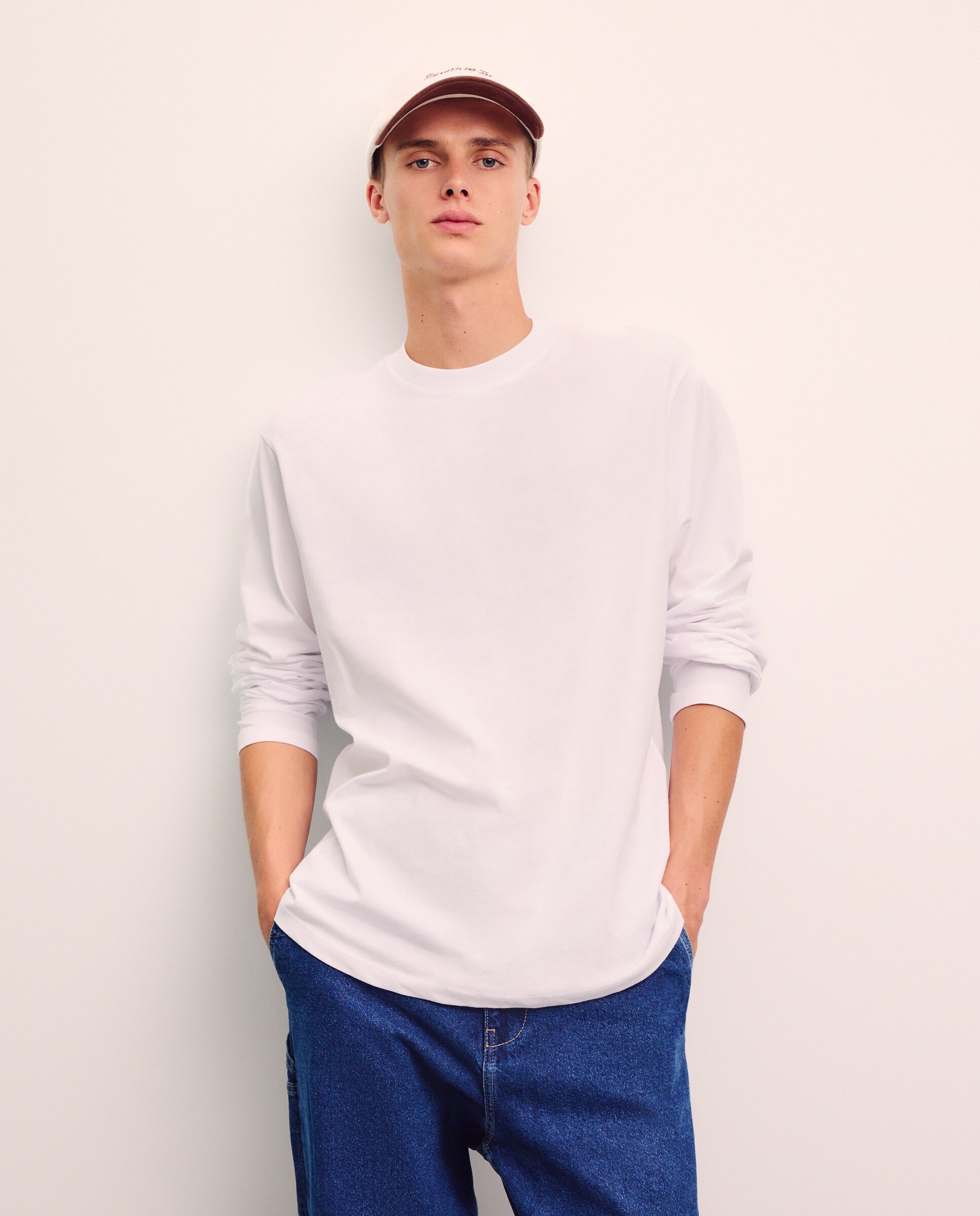 Camisola de algodão BCI branca com manga comprida Branco-1