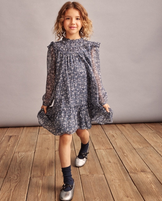 Imagem 0 de Vestido Fluido de Manga Comprida com Plumetti e All Over Print