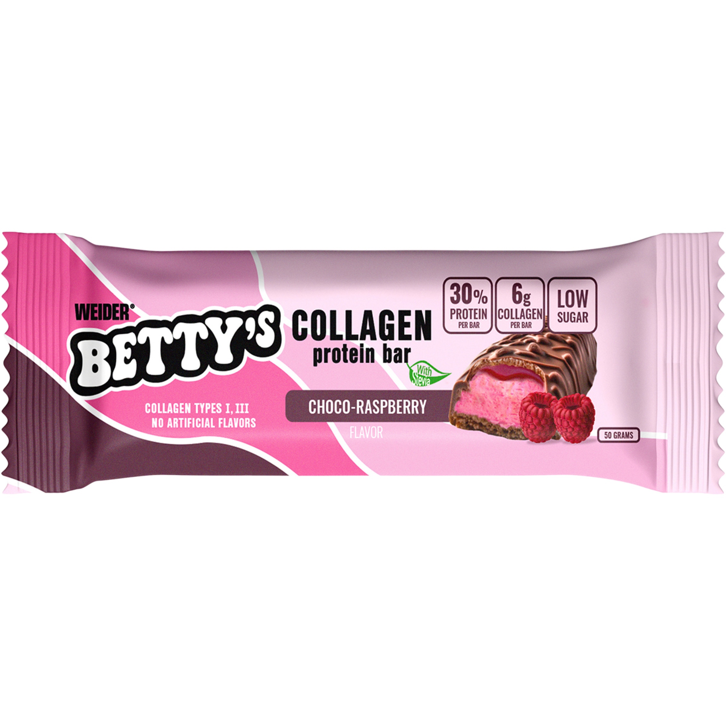 Betty's barrita de proteínas y colágeno de chocolate y frambuesas unidad 50 g