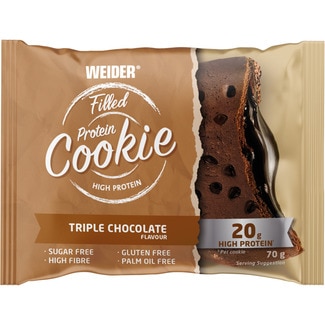 cookie proteica rellena triple chocolate sin gluten, sin aceite de palma y sin azúcar envase 70 g - Weider