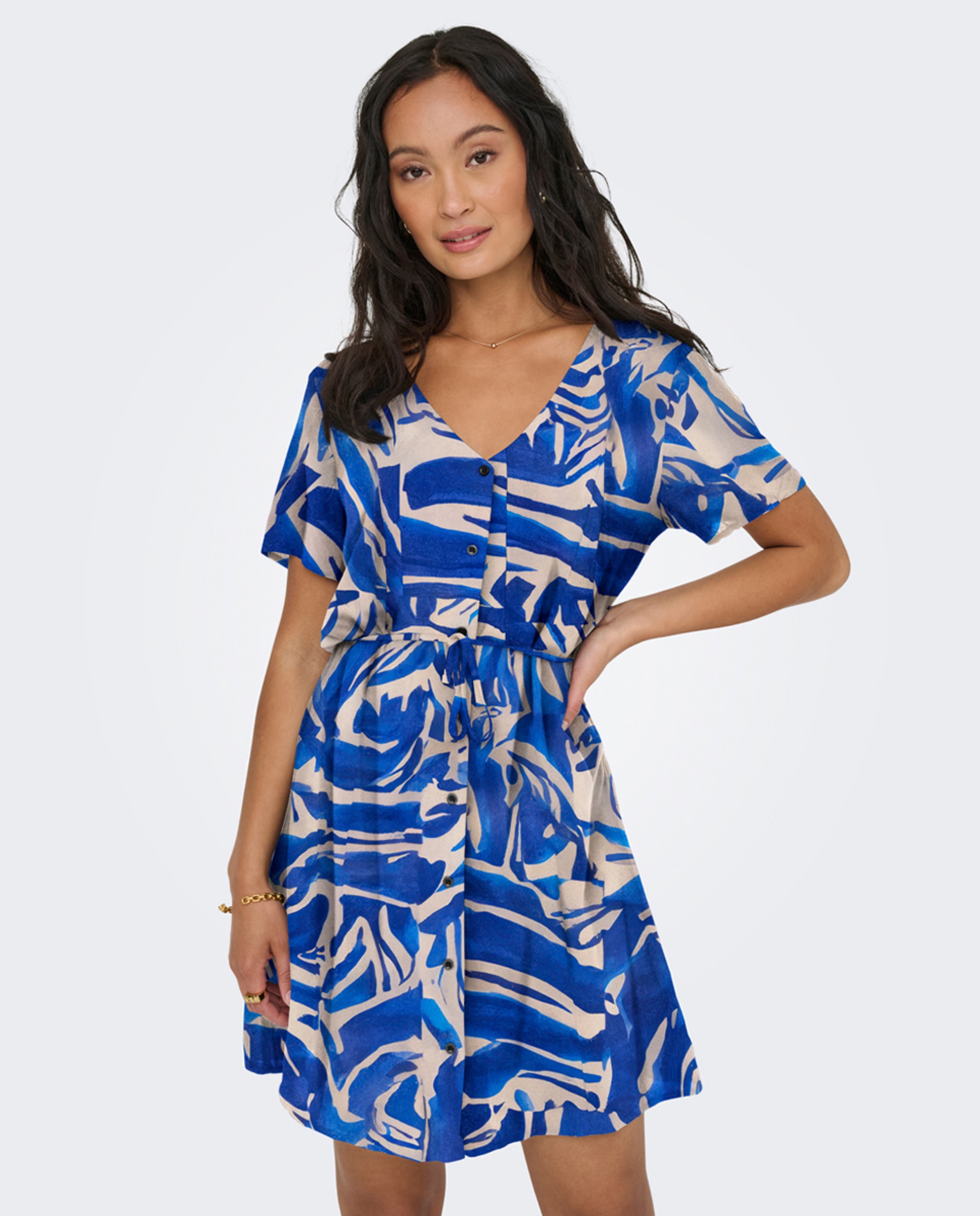 Vestido Curto de Manga Curta com Estampado Azul-índigo-1