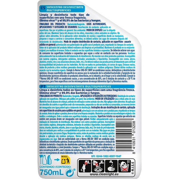 Desinfectante  Multiusos Sem Lixivia Ar Fresco embalagem 750 ml
