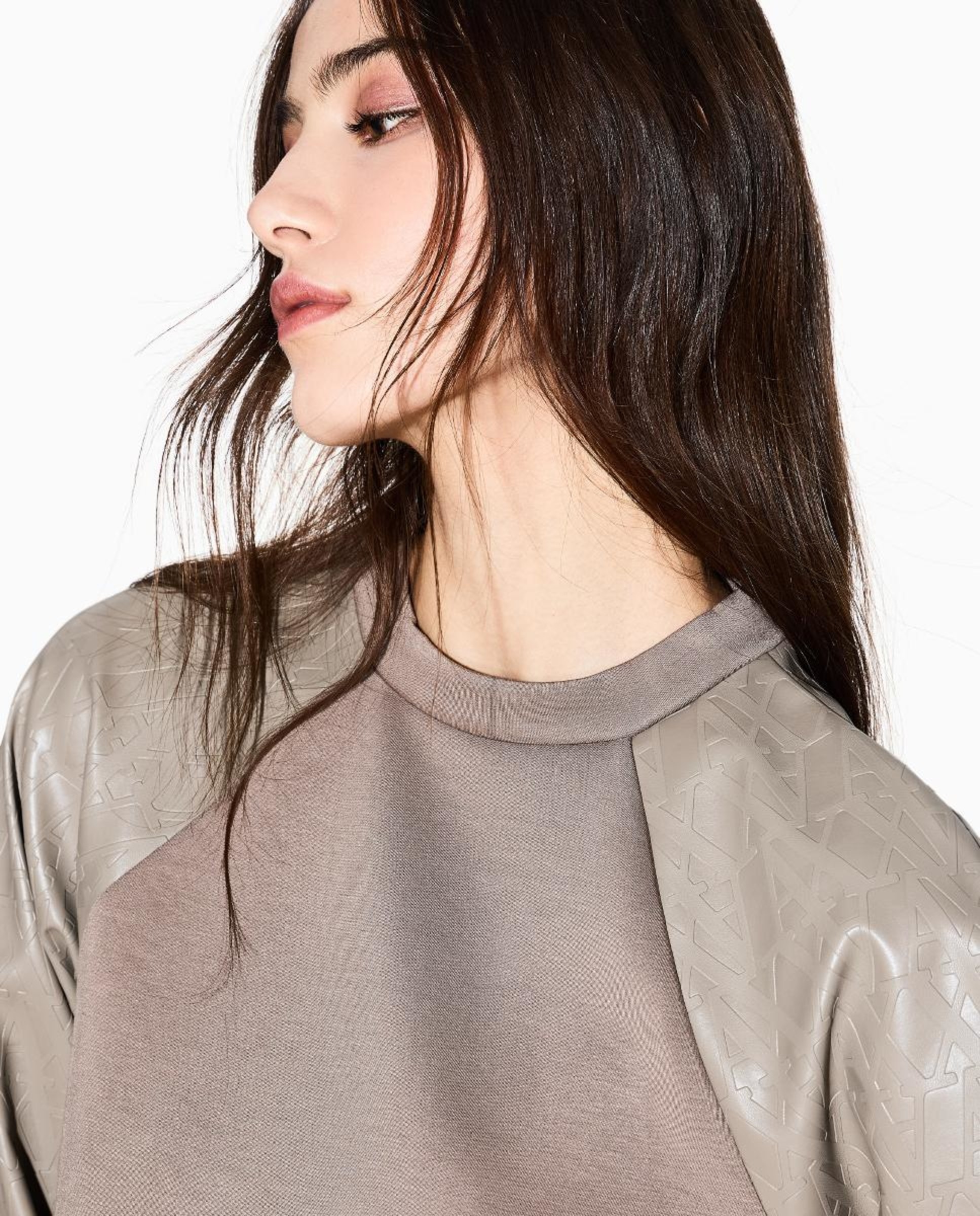 Sweatshirt de Decote Redondo e Mangas em Ecopele com Multilogótipos Taupe-3