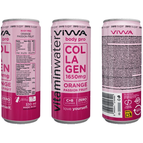 Vitamine Water Body Pro Wasser mit Kollagen und Vitamin C und B Dose 330 cl Orangen- und Passionsfruchtgeschmack Zero Zucker