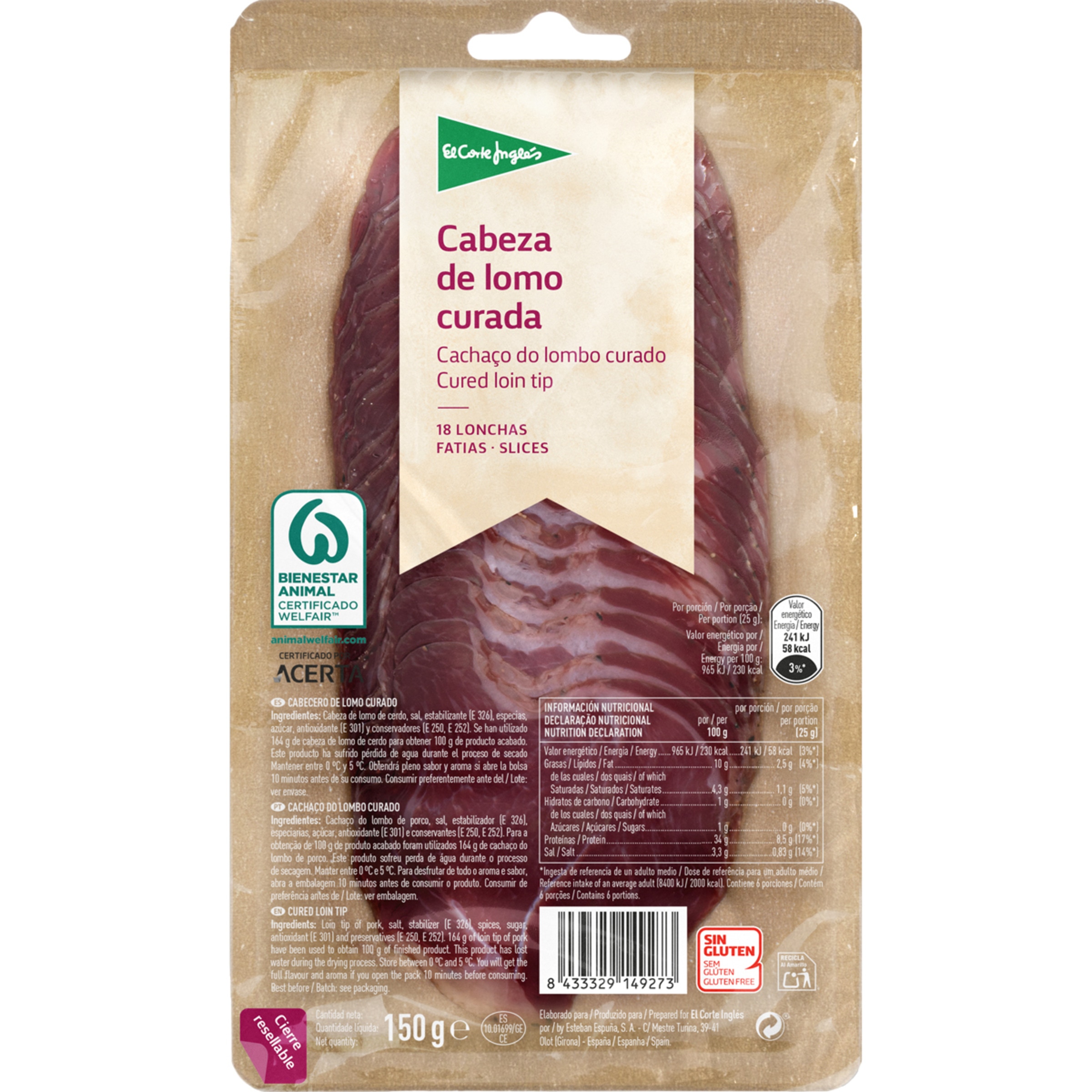 cabeza de lomo curada en lonchas sin gluten envase 150 g