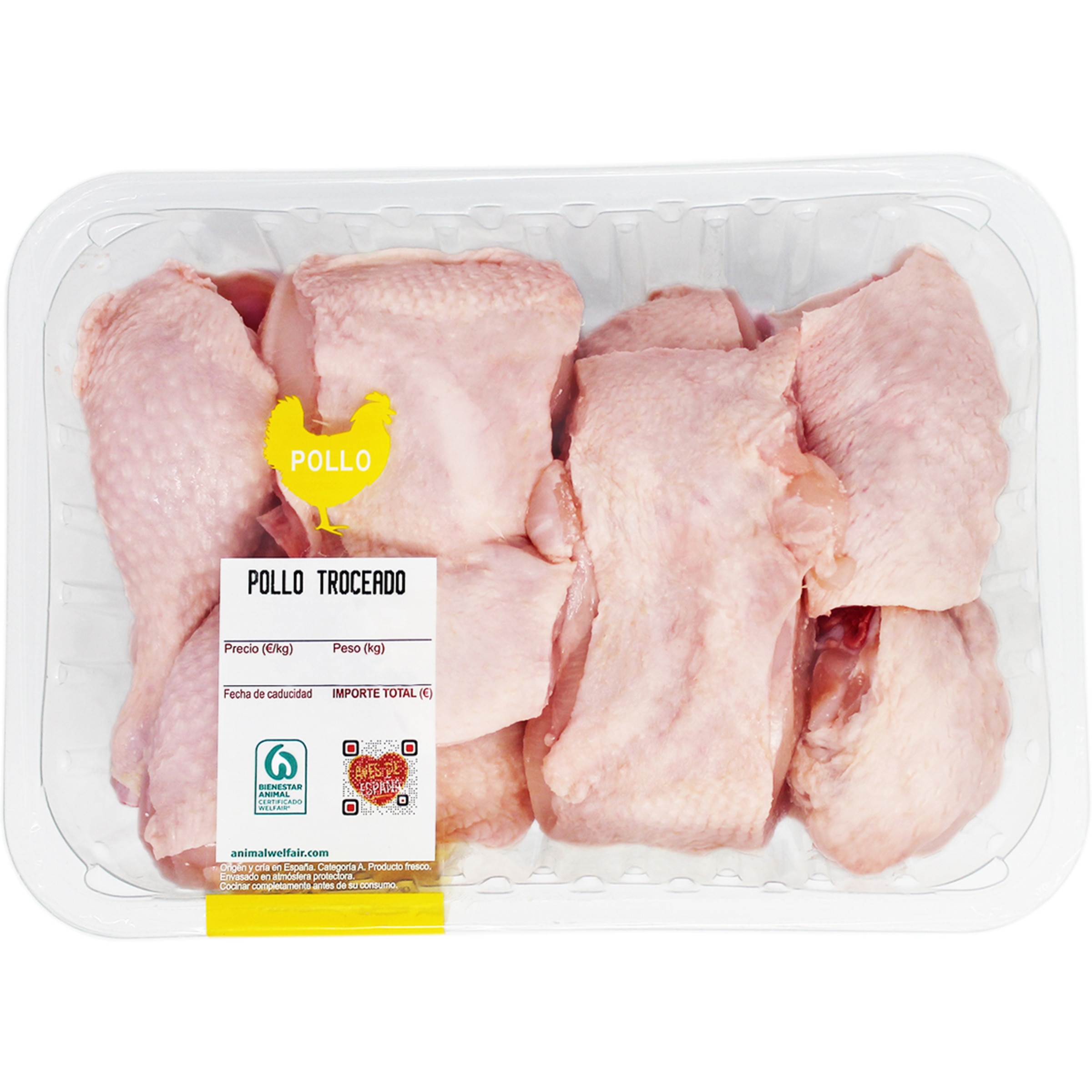 Pollo entero troceado peso aproximado bandeja 1,5 kg
