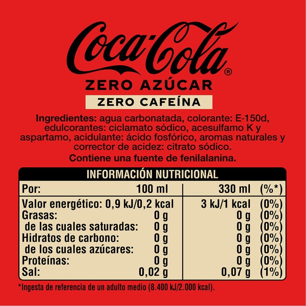 Zero Caffeine sugar-free cola soft drink 12-pack tins 33 cl