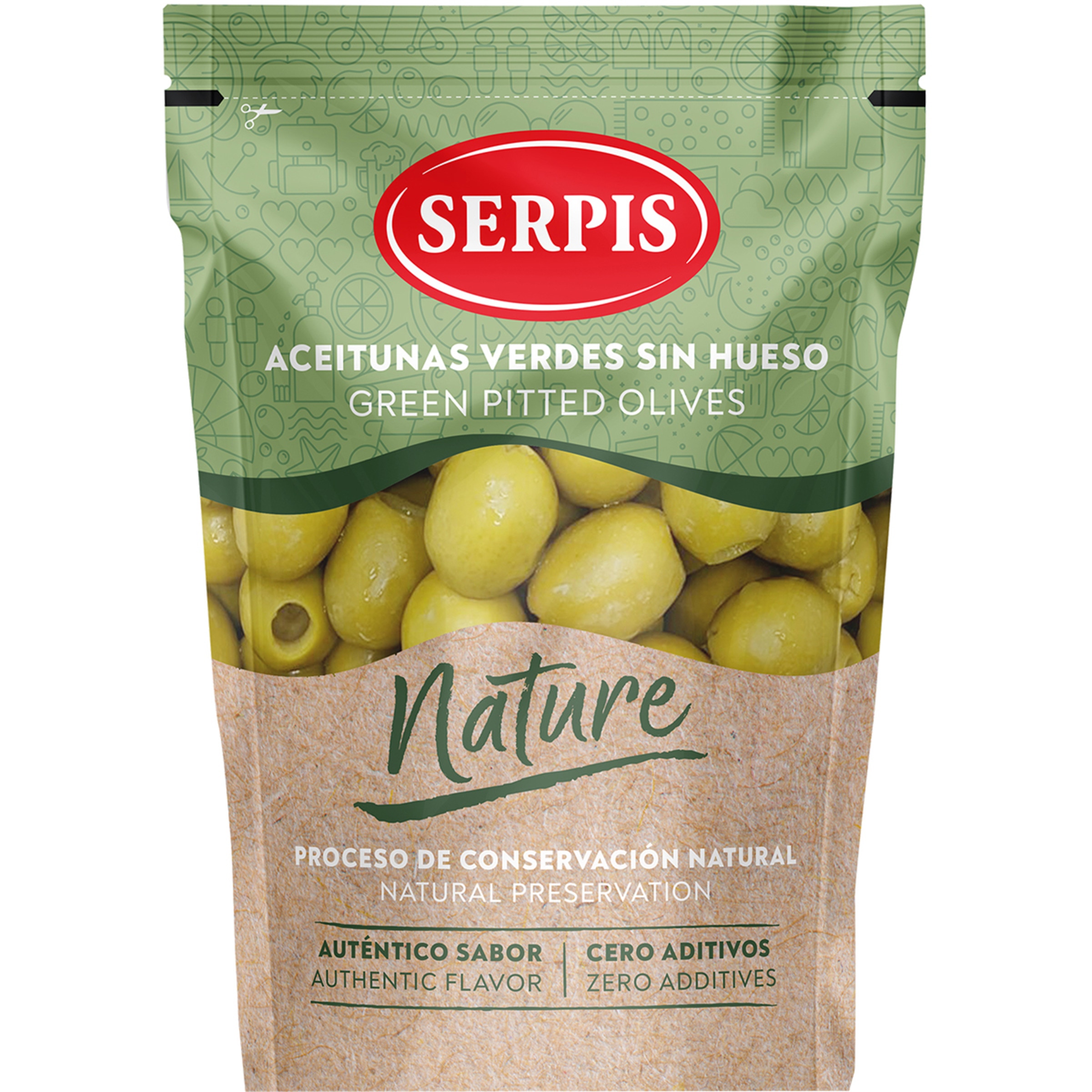 NATURA aceitunas verdes sin hueso bolsa 75 g neto escurrido