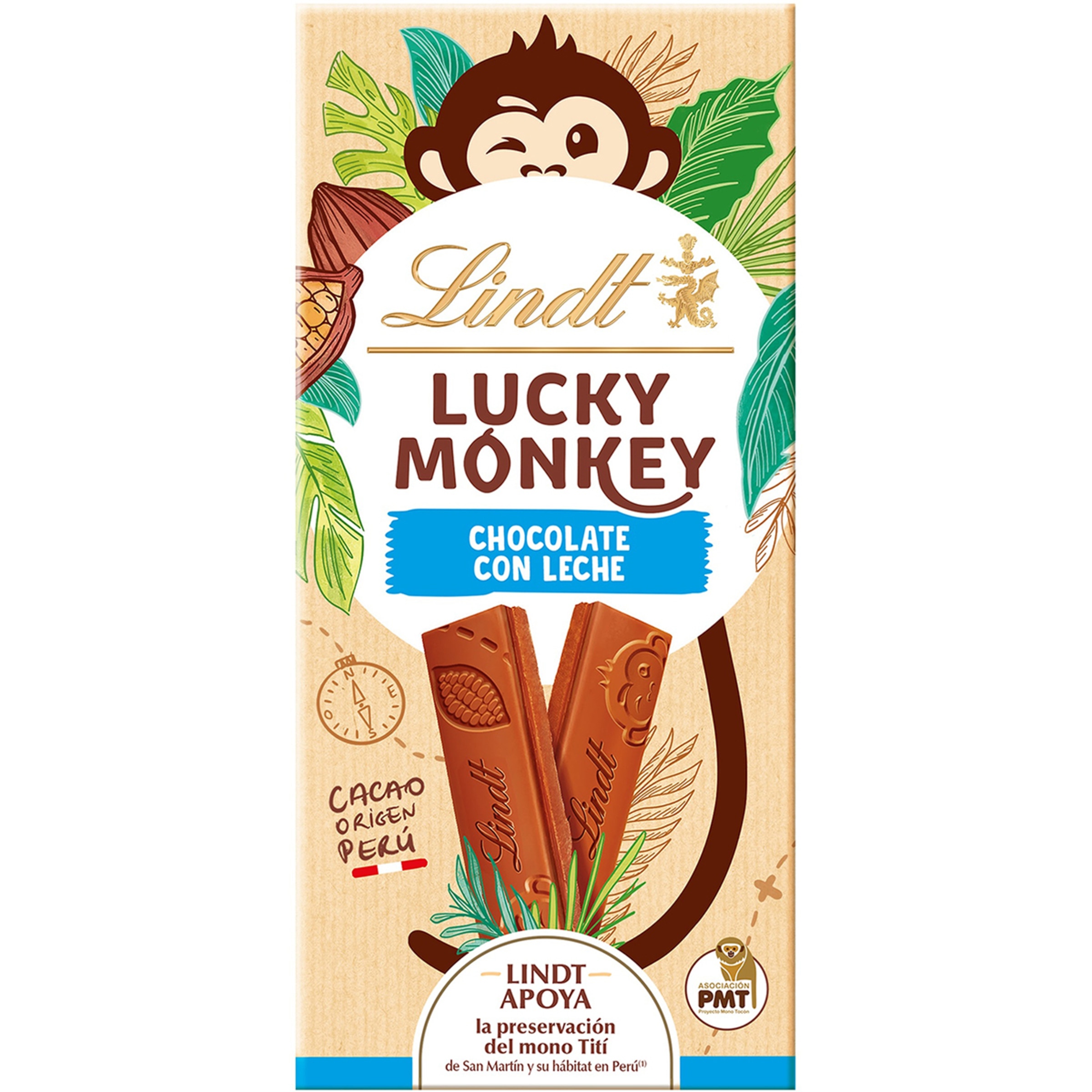 chocolate con leche Lucky Monkey tableta 100 g apoya la preservación del mono Tití de San Martín