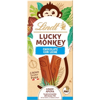 chocolate con leche Lucky Monkey tableta 100 g apoya la preservación del mono Tití de San Martín - Lindt