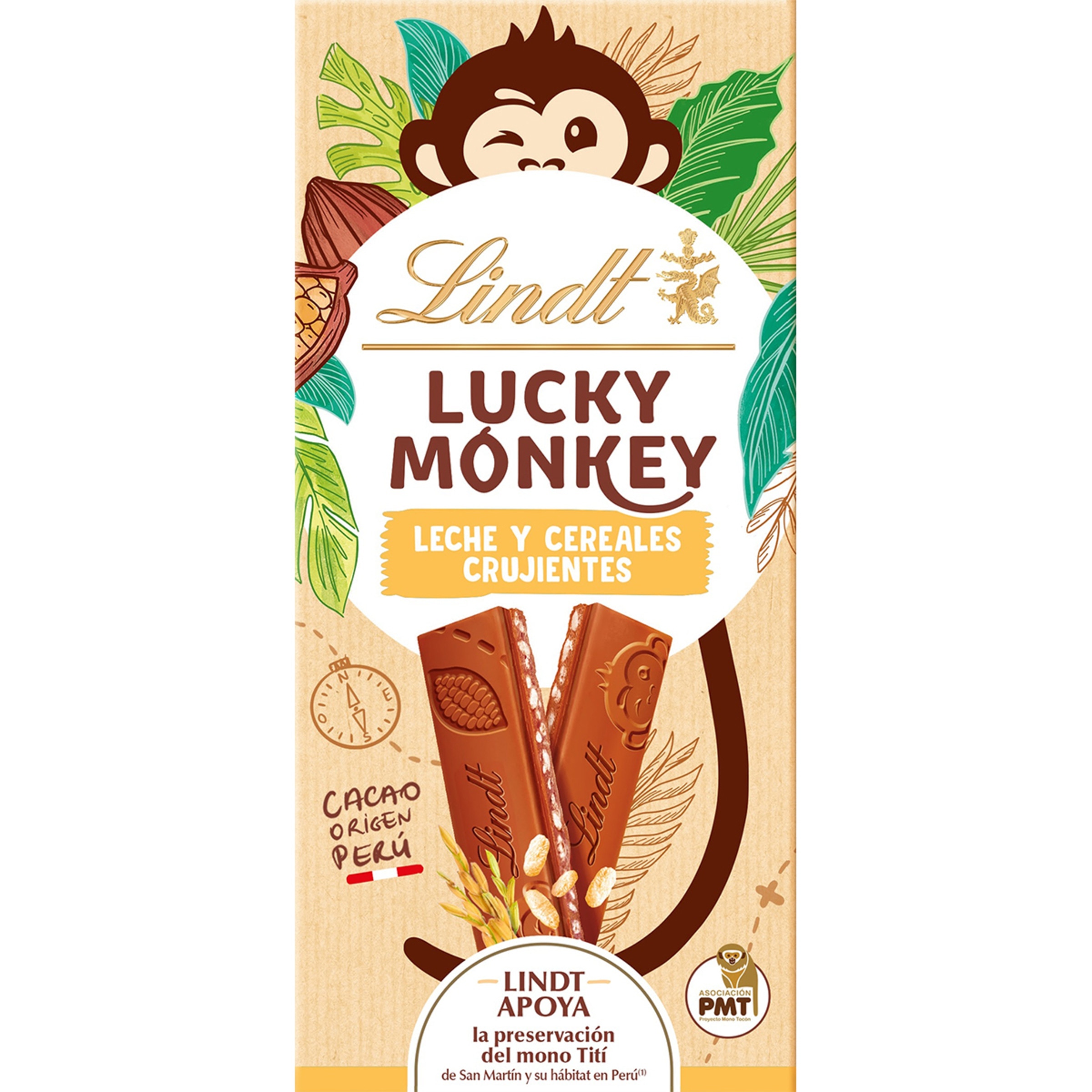 chocolate con leche y cereales crujientes Lucky Monkey origen Perú tableta 100 g apoya la preservación del mono Tití de San Martín