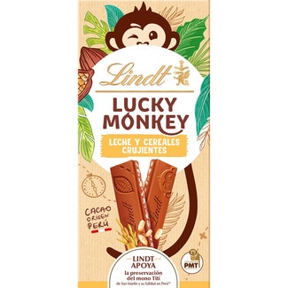 chocolate con leche y cereales crujientes Lucky Monkey origen Perú tableta 100 g apoya la preservación del mono Tití de San Martín - Lindt