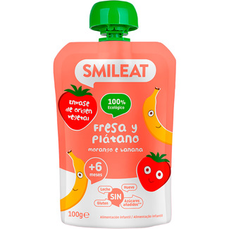 fresa y plátano 100% ecológico sin gluten desde 6 meses bolsita 100 g sin leche y sin azúcares añadidos - Smileat