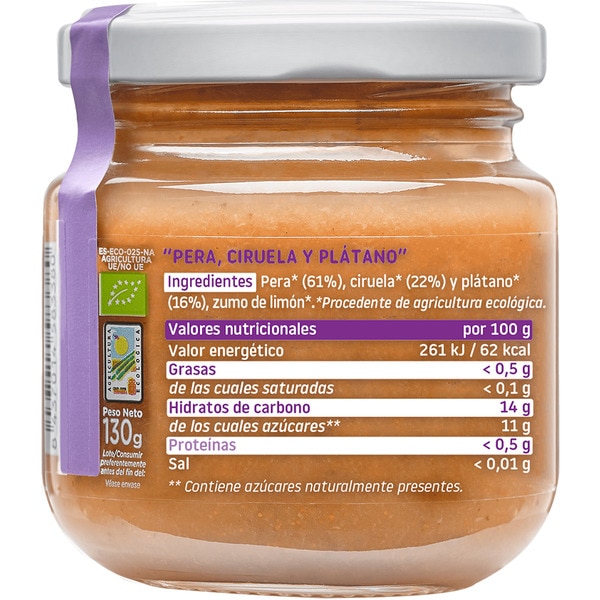 Gläschen mit Birne, Pflaume und Banane 100% ökologisch glutenfrei ab 4 Monaten Behälter 130 g