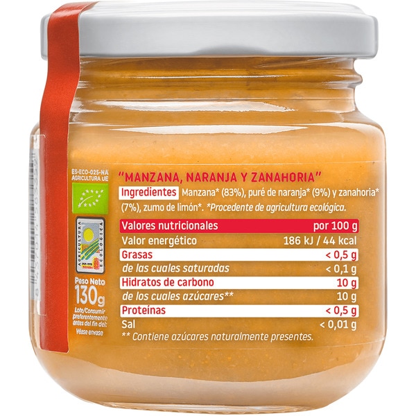 Gläschen Apfel, Orange und Karotte, 100% ökologisch und glutenfrei, ab 4 Monaten Behälter 130 g