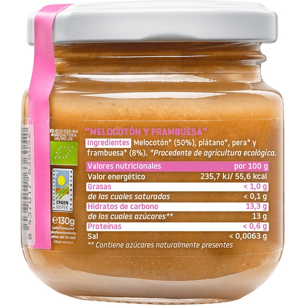 Gläschen Pfirsich und Himbeere, 100% ökologisch, glutenfrei, ab 6 Monaten Behälter 130 g