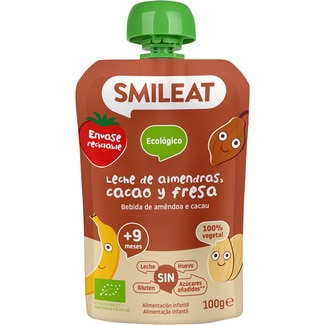postre de leche de almendras, cacao y fresa ecológico sin gluten, sin leche desde 9 meses bolsita 100 g - Smileat