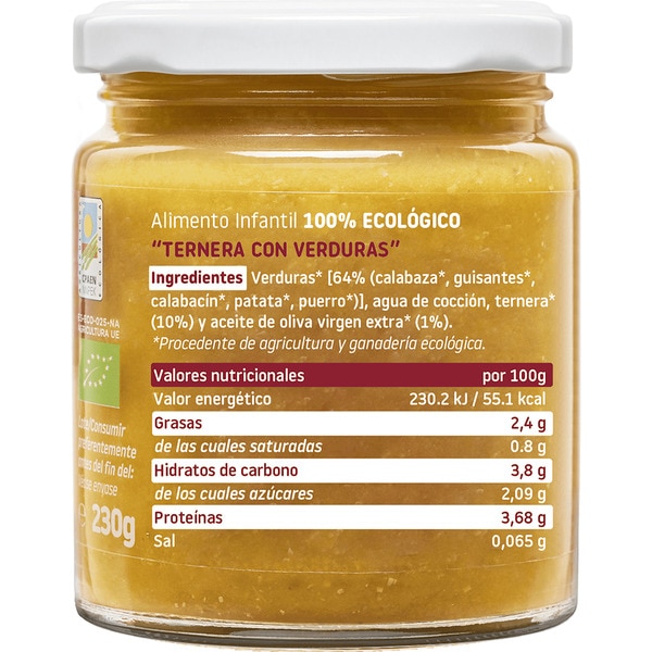 Gläschen Rind mit Gemüse, 100% ökologisch glutenfrei, ab 6 Monaten Behälter 230 g