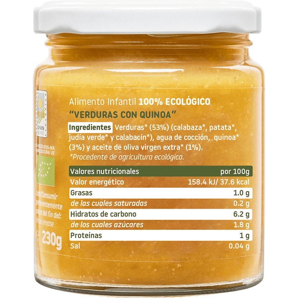 jar of 100% organic vegetables with quinoa 6+ months, gluten-free container 230 g