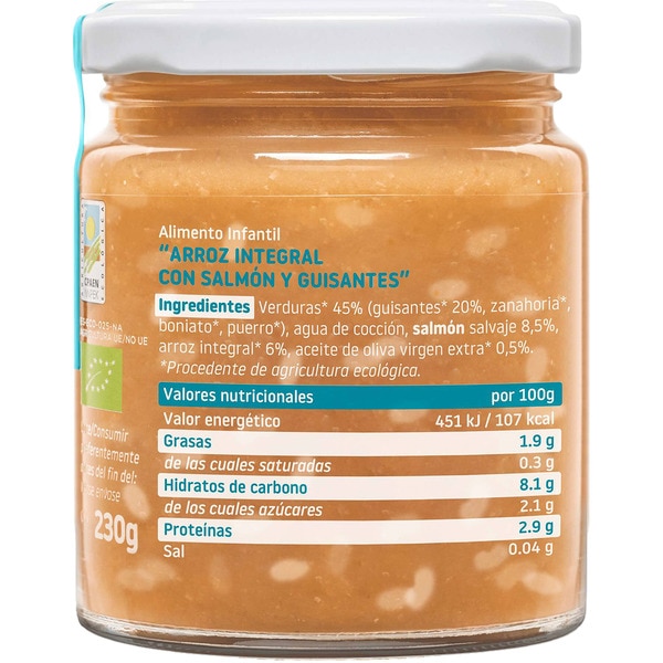 Cachitos organic wholegrain rice with salmon and peas jar for 10 + months container 230 g
