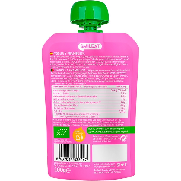 Joghurt und Himbeere ökologisch, glutenfrei ab dem 12. Lebensmonat im Beutel 100 g und ohne Zuckerzusatz