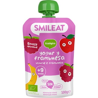 yogur y frambuesa ecológico sin gluten desde 12 meses bolsita 100 g y sin azúcares añadidos - Smileat
