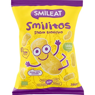 Smilitos snack ecológico de maíz sin gluten, sin huevo, sin leche bolsa 38 g sin azúcares ni sal añadidos - Smileat