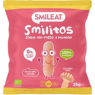 Smilitos snacks con fresa y plátano ecológico, sin gluten desde 18 meses bolsa 25 g 0% azúcares añadidos y sin sal añadida - Smileat