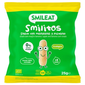 Smilitos snacks con manzana y plátano ecológico y sin gluten desde 8 meses bolsa 25 g 0% azúcares añadidos y sin sal añadida - Smileat