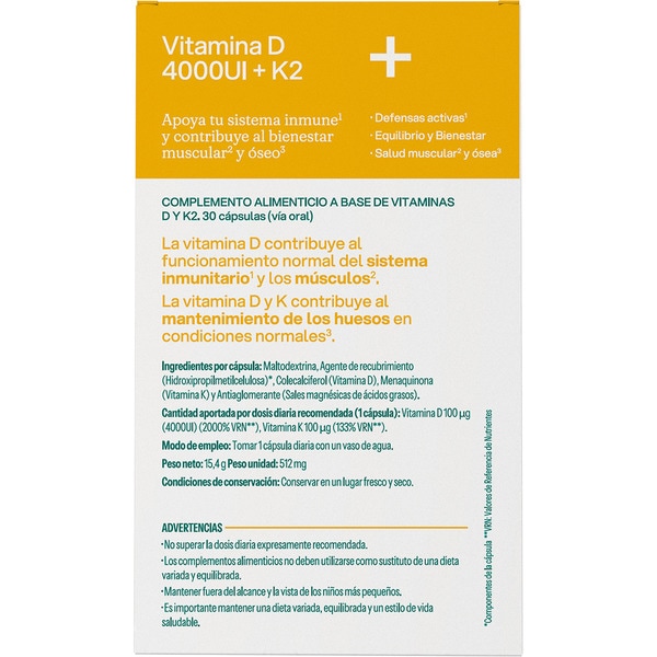Vitamin D 4000UI + K2 stärkt das Immunsystem und trägt zum Muskel- und Knochenschutz bei Box 30 Kapseln