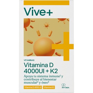 vitamina D 4000UI + K2 apoya tu sistema inmune y contribuye al bienestar muscular y oseo caja 30 cápsulas