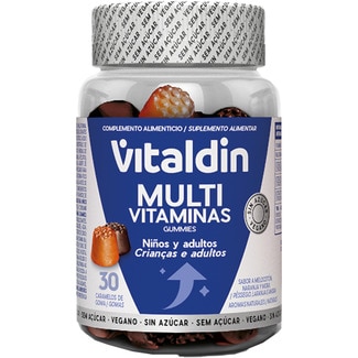 gominolas multivitaminas sabor a melocotón, naranja y mora sin azúcar bote 30 unidades niños y adultos - Vitaldin