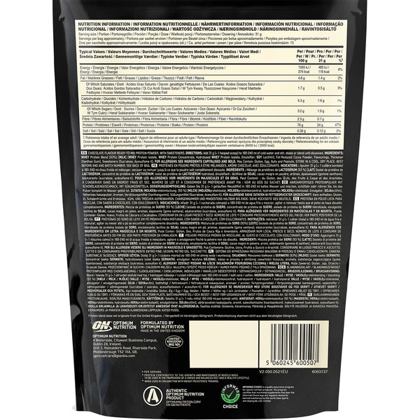 On Gold Standard 100% Whey Proteinpulver mit Süßstoff doppelter Schokoladengeschmack Tasche 465 g