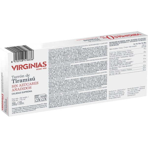 0% Tiramisu-Turrón ohne Zuckerzusatz Premiumqualität Tafel 200 g