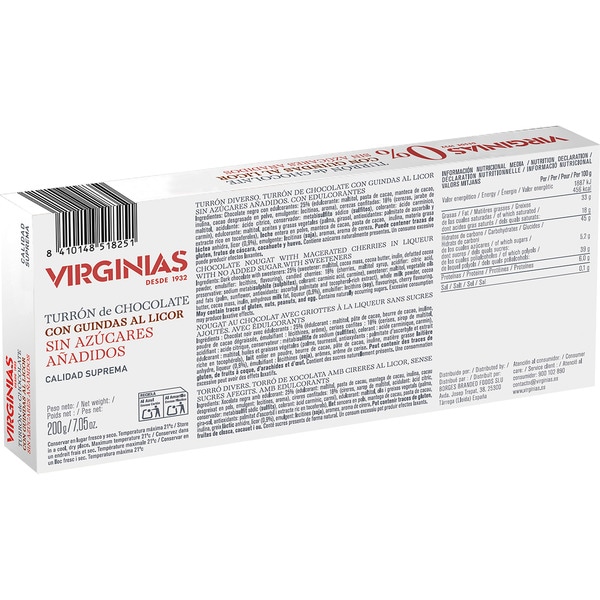 0% Turrón mit Likörkirschen ohne Zuckerzusatz Premiumqualität Tafel 200 g