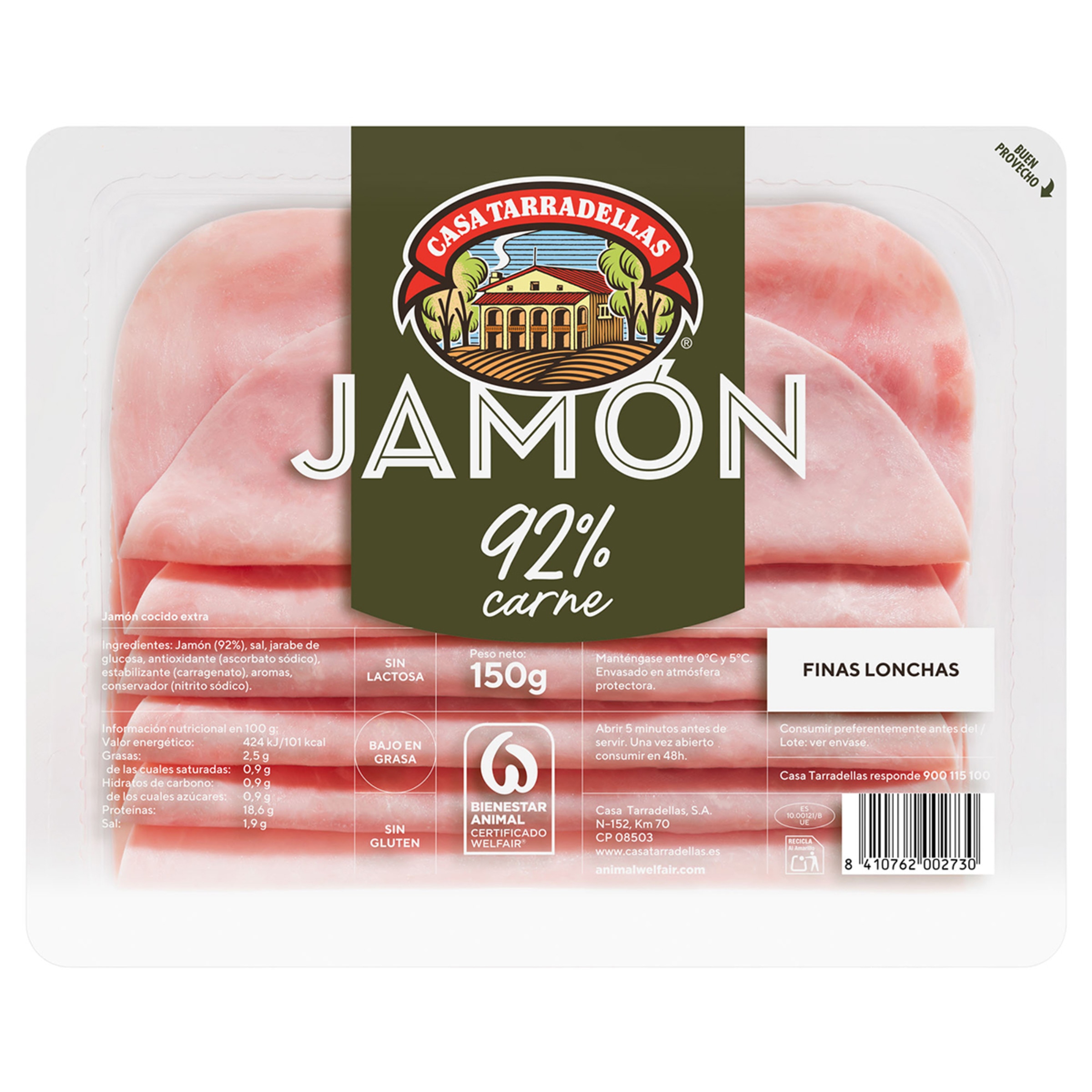 jamón cocido extra bajo en grasa en lonchas finas sin gluten sin lactosa envase 150 g