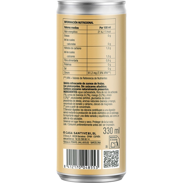 refreshing carbonated orange and mango drink for digestive wellness tin 33 cl low in sugar