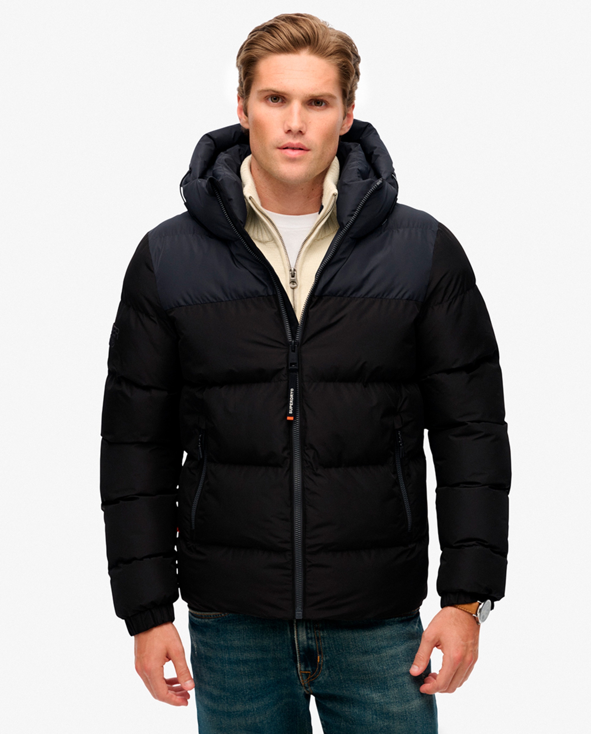 Chaqueta de hombre acolchada con capucha y bloques de color