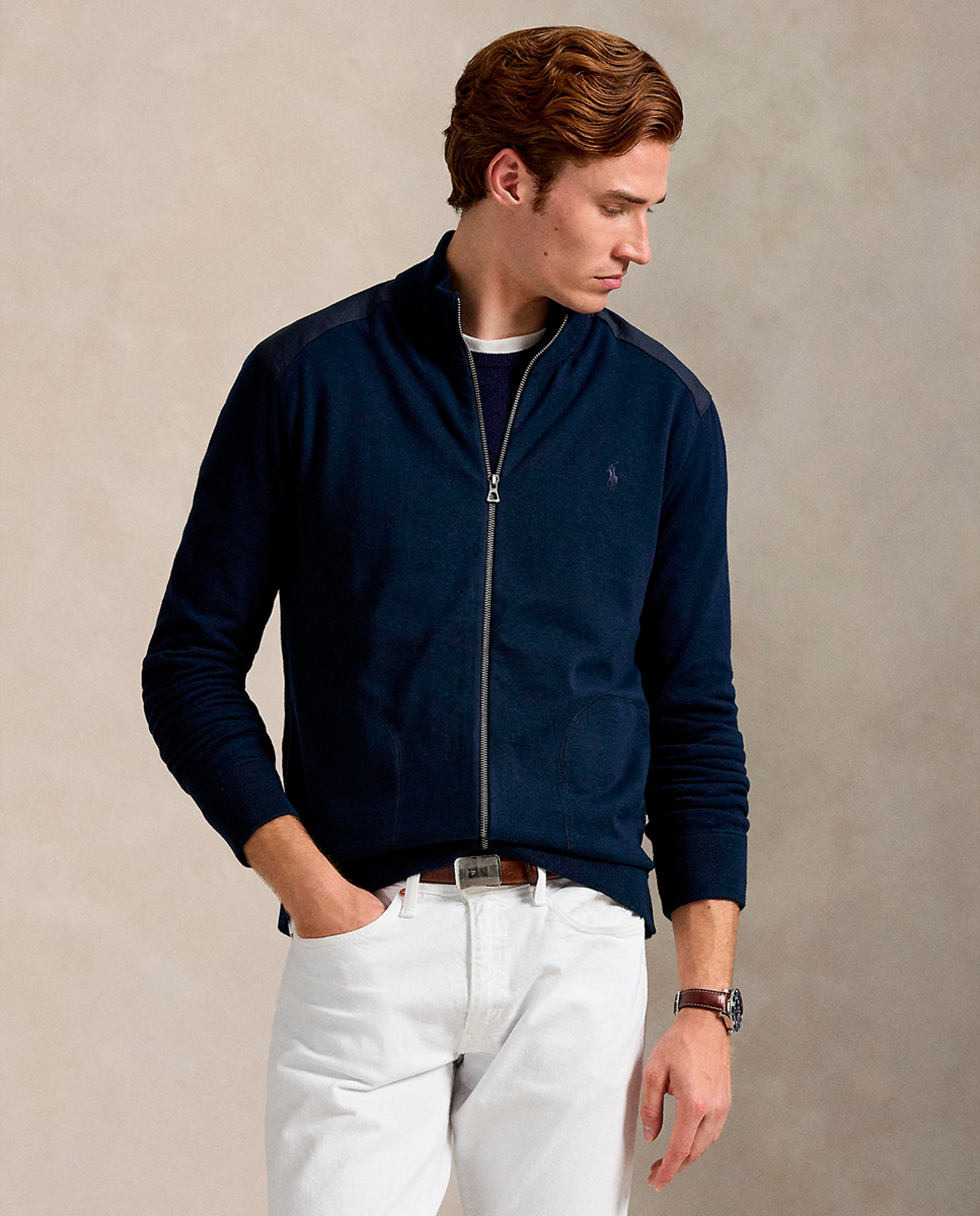 Camisola de Malha de Algodão com Fecho de Correr Completo Azul-marinho-1