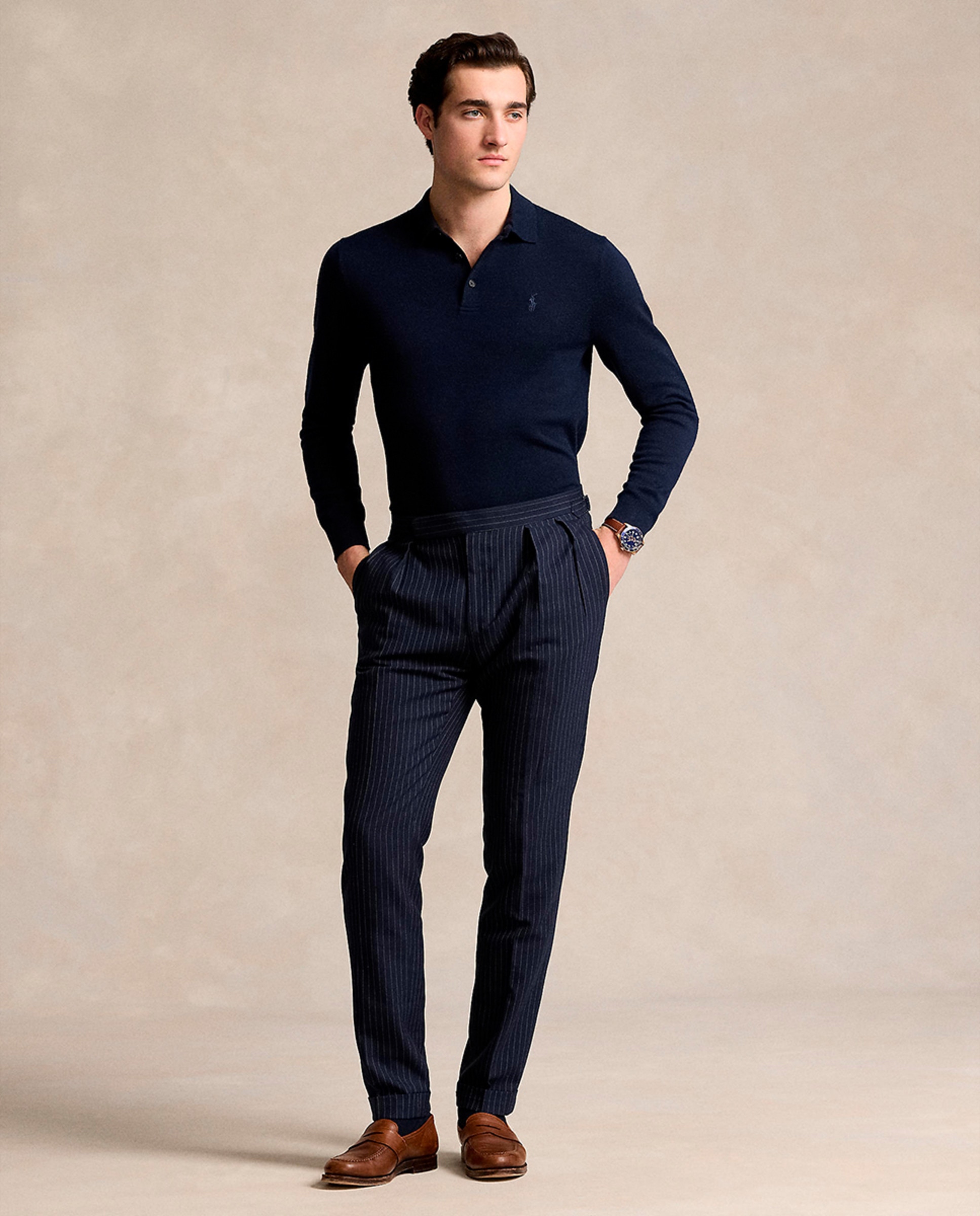 Camisola de Malha com Colarinho de Polo e em Lã Azul-marinho-6
