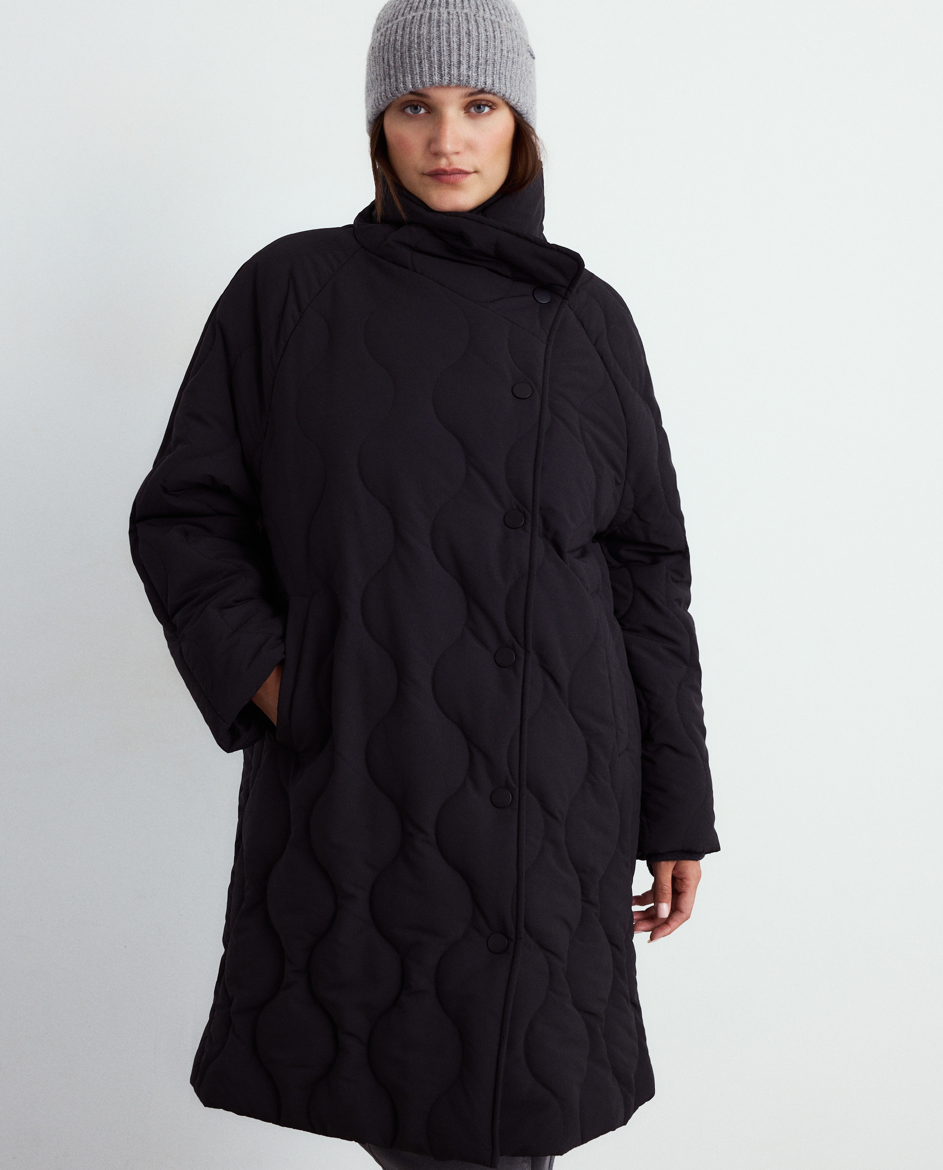 Blusão Acolchoado Comprido Cruzado Preto-2