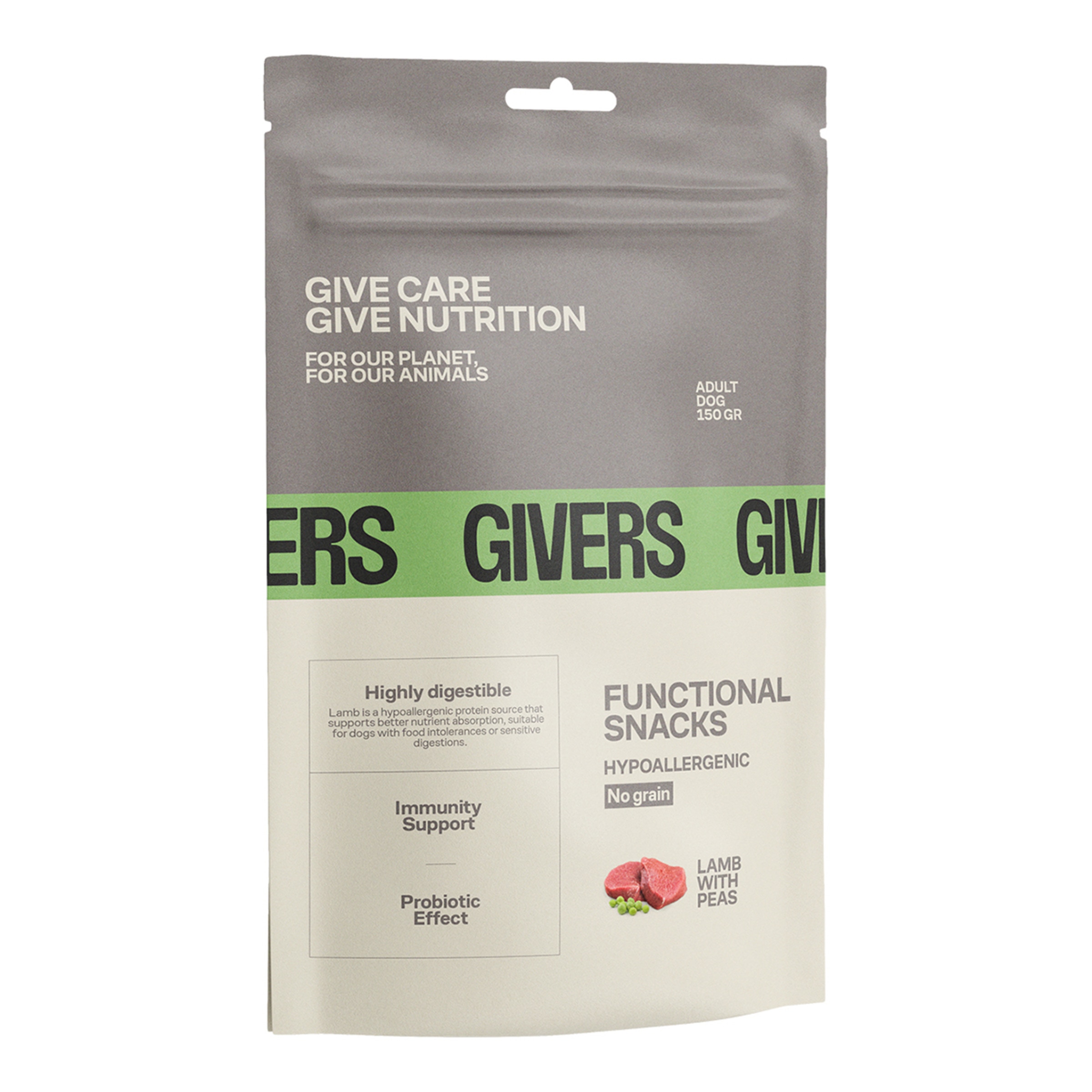 Imagen 0 de Snacks para perros adultos hipoalergénicos Givers cordero con guisantes 150 gr