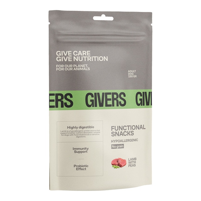 Imagen 0 de Snacks para perros adultos hipoalergénicos Givers cordero con guisantes 150 gr