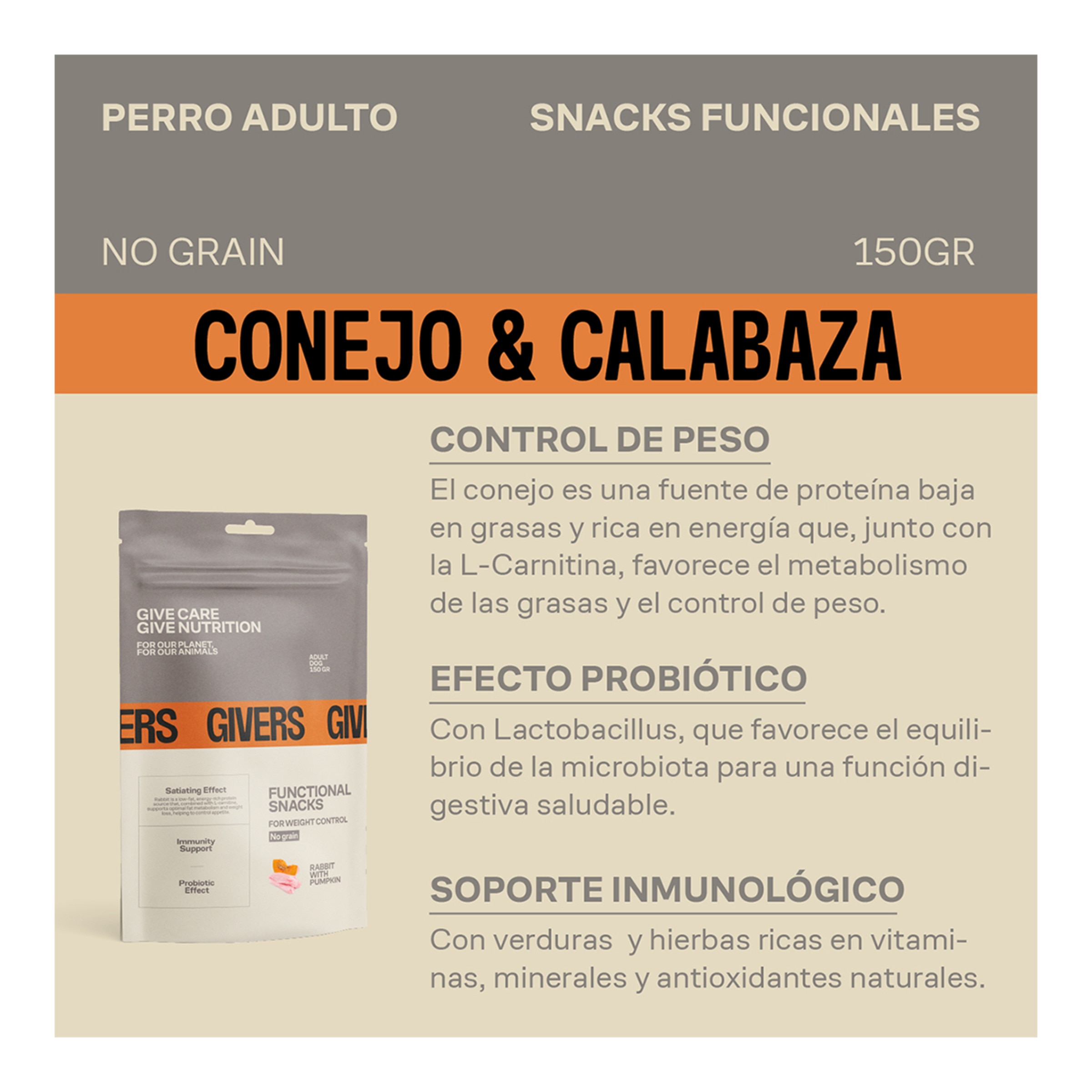 Snacks para perros adultos control de peso Givers conejo con calabaza 150 gr 2