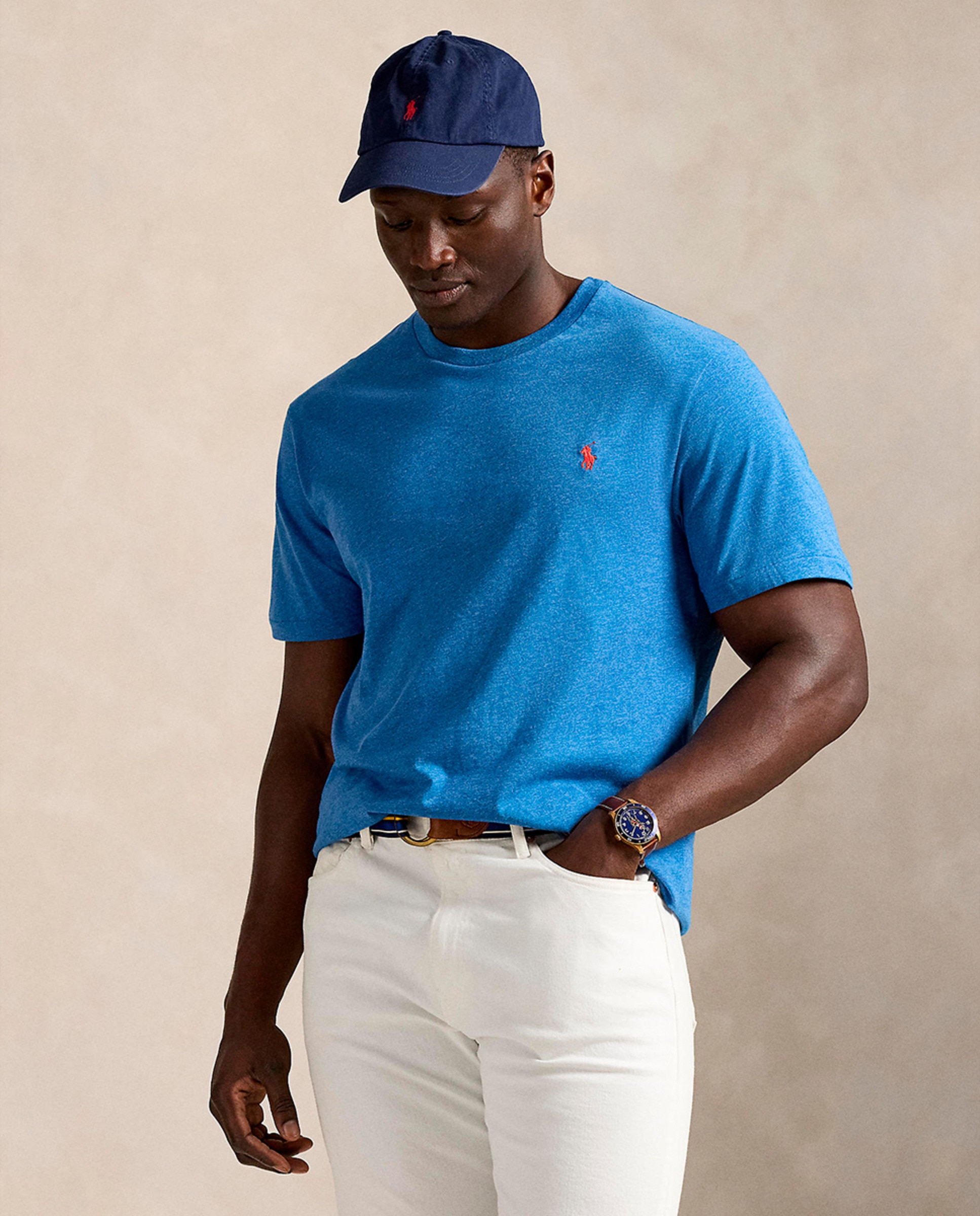 T-shirt de Algodão com Cavalo Bordado Tamanhos Grandes Azul Melange-1