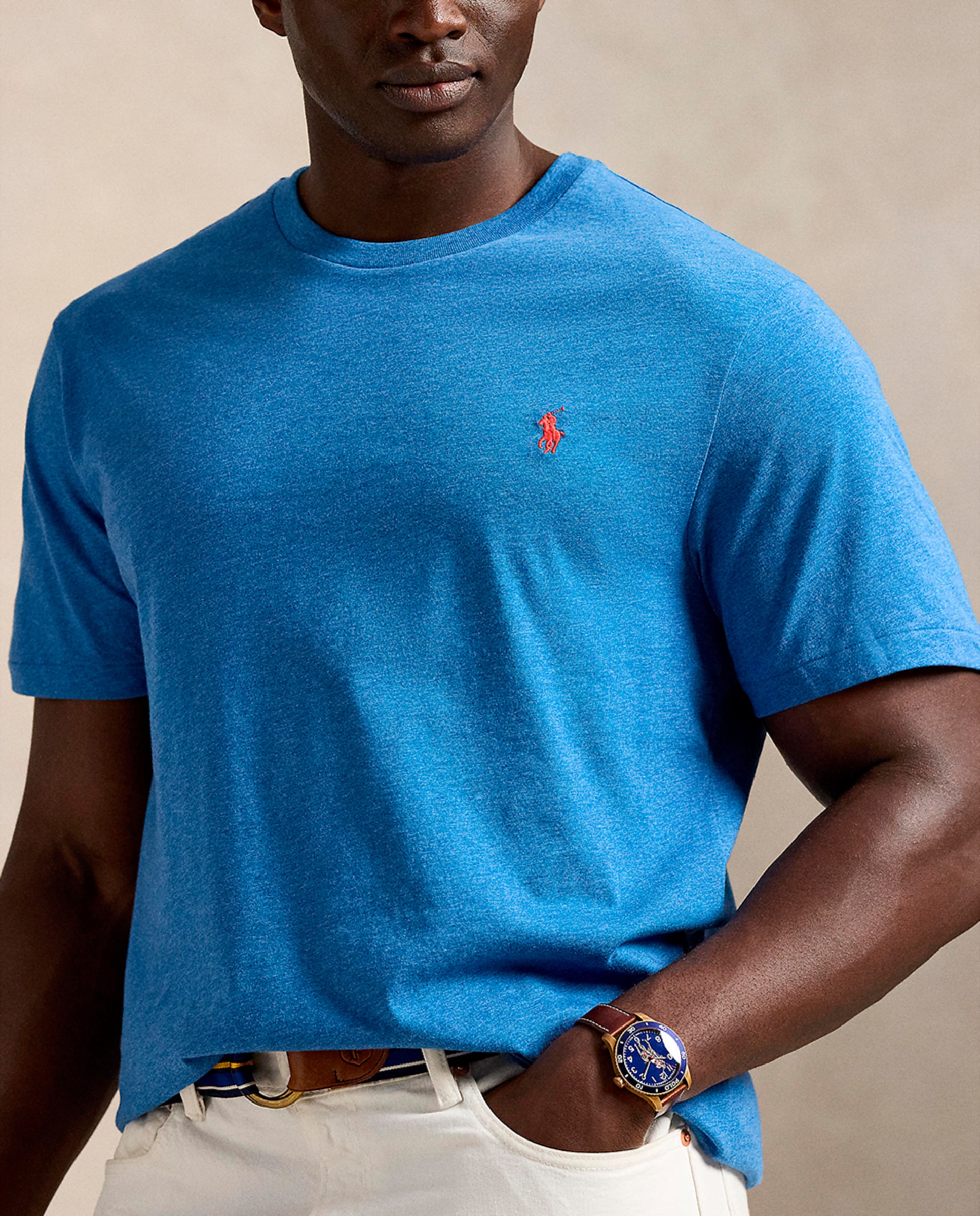 T-shirt de Algodão com Cavalo Bordado Tamanhos Grandes Azul Melange-4