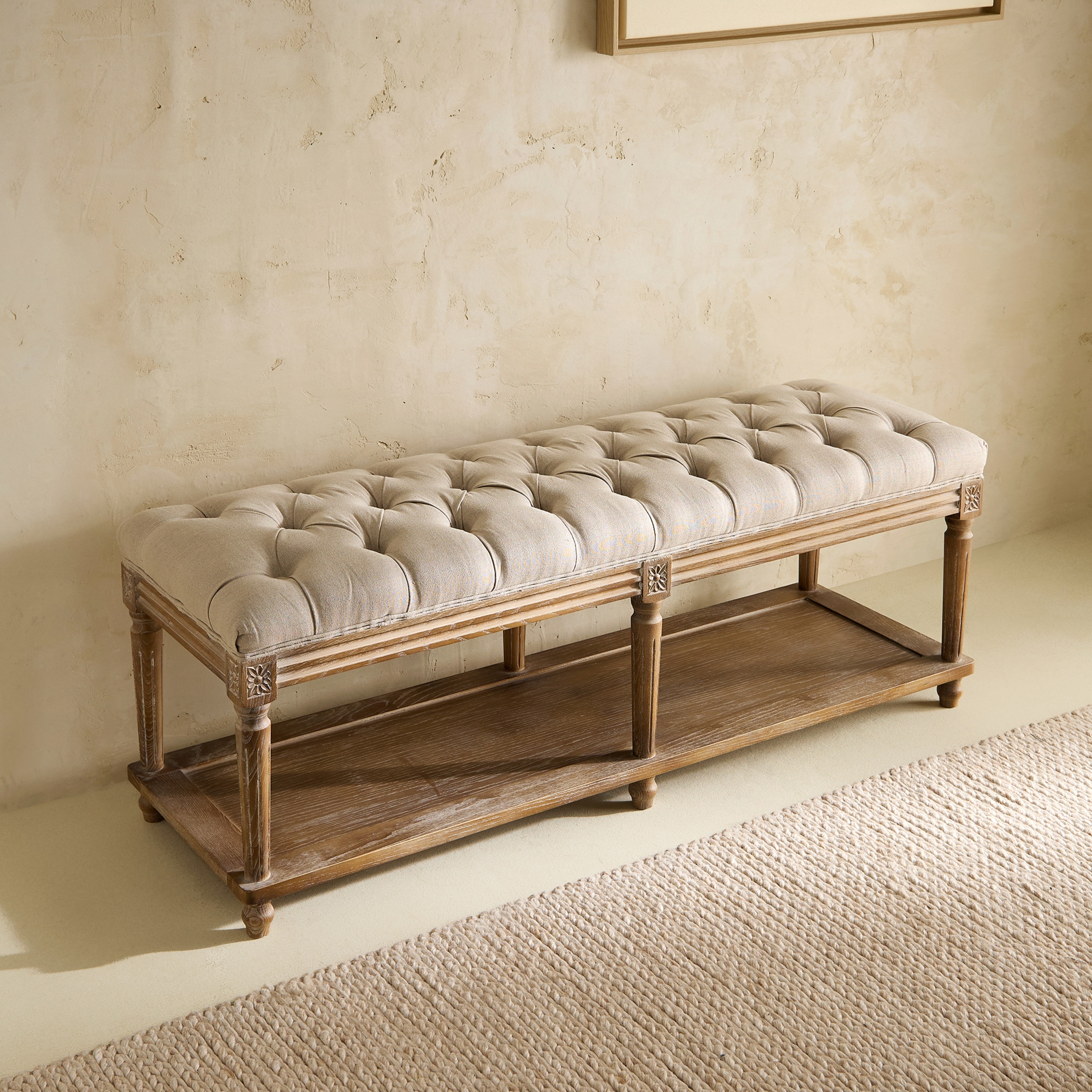 Banco de madera de roble tapizado capitoné en lino Provenza Roble envejecido-1