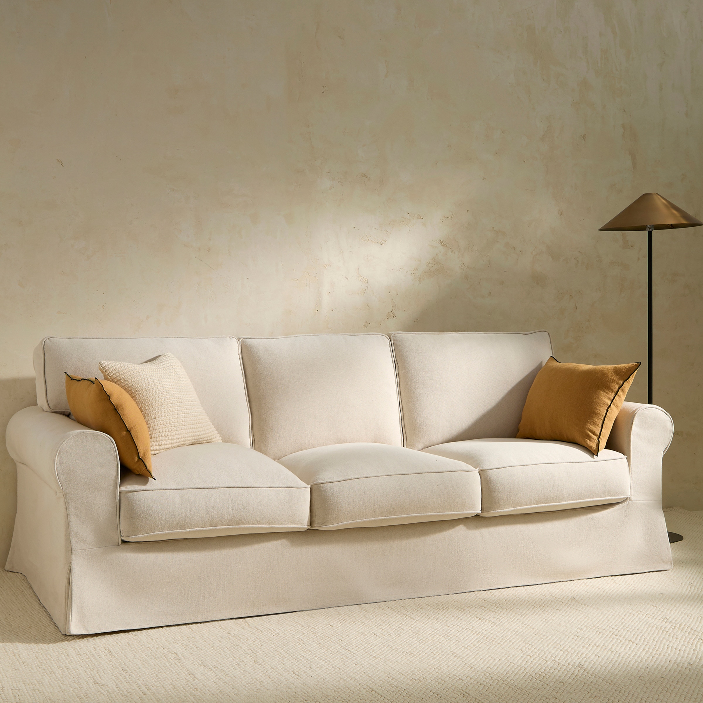 Sofá de 3 Lugares Desembainhável de Algodão e Linho com Braço Redondo Bolonia Natural-1