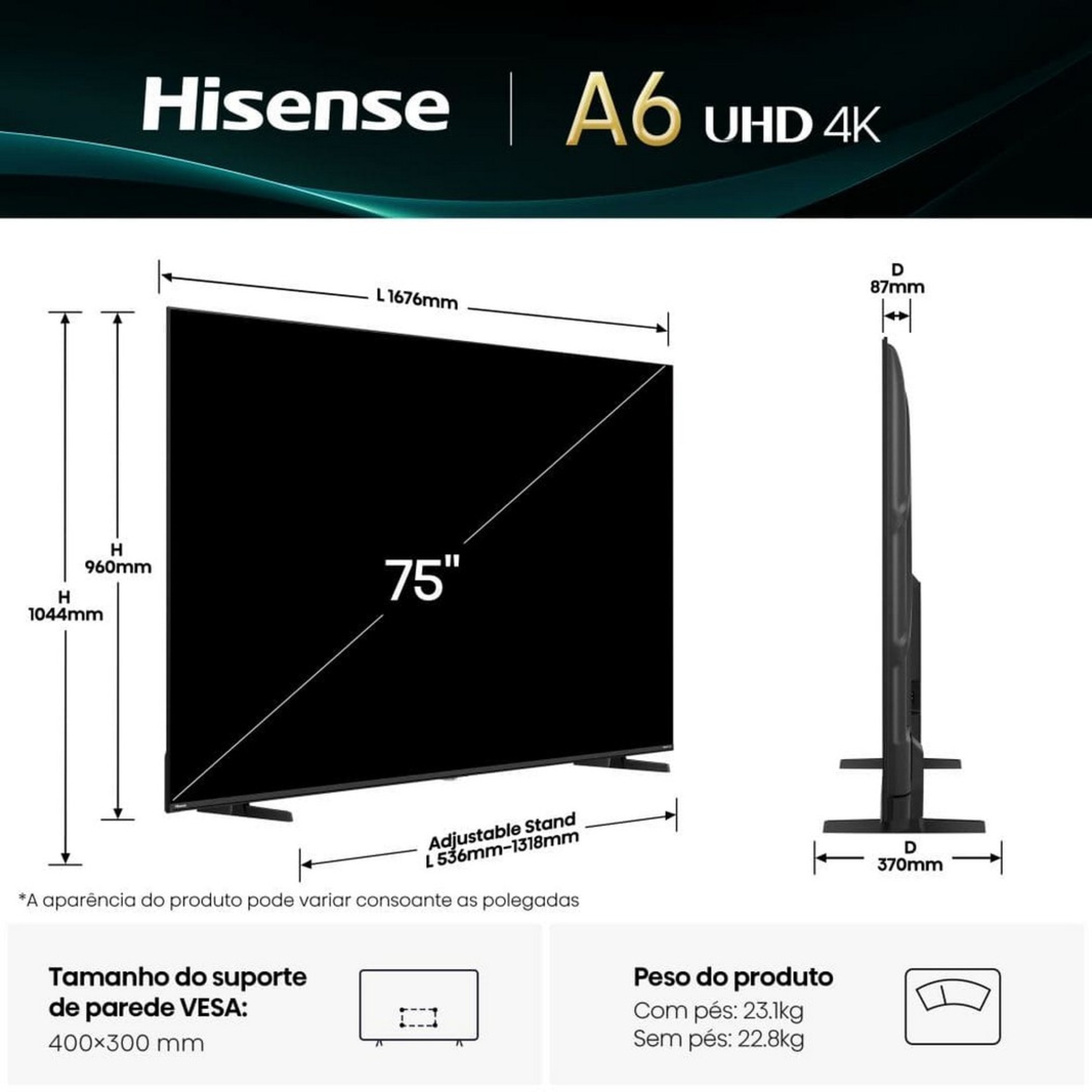 TV LED 75'' Hisense Série A6Q Smart 4K 75A6Q com Dolby Vision Preto-2